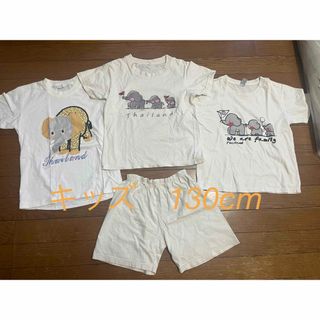 キッズ　130cm 白半袖Tシャツ　アニマル　ぞう　セットアップ　部屋着(Tシャツ/カットソー)