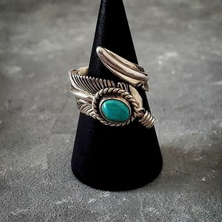 インディアンジュエリー(INDIAN JEWELRY)のシルバー925 ナバホ ターコイズ フェザー リング H MACE作 指輪(リング(指輪))