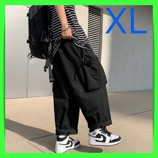 カーゴパンツ ワイド ユニセックス メンズ イージー ダボ 袴パンツ 黒　XL