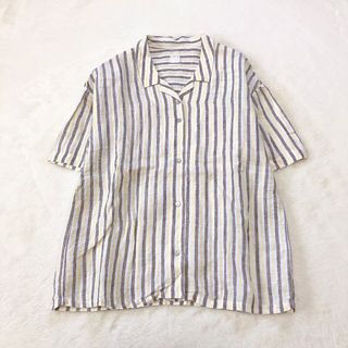 ハヤクニジュッパーセントリノ(120% LINO)の大きいサイズ♡120%lino  リネン　ストライプ　半袖シャツ　イエロー　42(シャツ/ブラウス(半袖/袖なし))