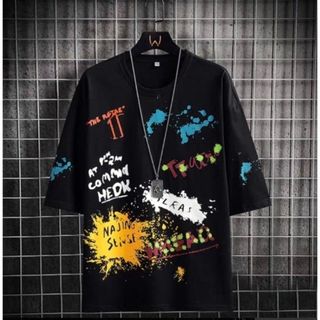 【ストリート系】メンズ ペイント 半袖 カラフル Tシャツ ブラック 韓国風 (Tシャツ/カットソー(半袖/袖なし))