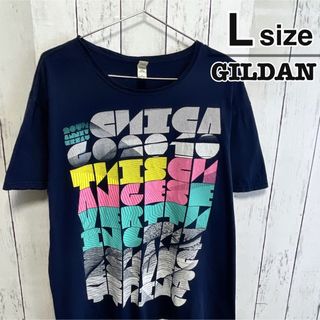 ギルタン(GILDAN)のUSA古着　GILDAN　Tシャツ　L　ネイビー　クルーネック　プリント　ロゴ(Tシャツ/カットソー(半袖/袖なし))