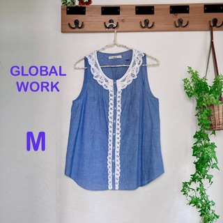 グローバルワーク(GLOBAL WORK)のM グローバルワーク レース ノースリーブ シャツ 水色 綿100％(シャツ/ブラウス(半袖/袖なし))