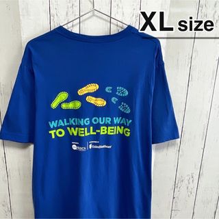 USA古着　Tシャツ　XL　ブルー　青　プリント　ロゴ　コットン　オーバーサイズ(Tシャツ/カットソー(半袖/袖なし))