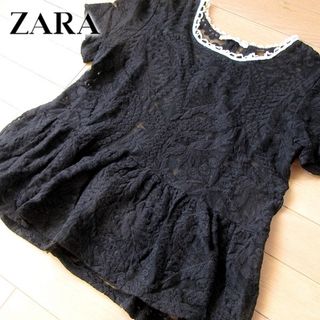 ザラ(ZARA)の美品 (EUR)M ザラ ZARA レースカットソー ブラック(カットソー(半袖/袖なし))