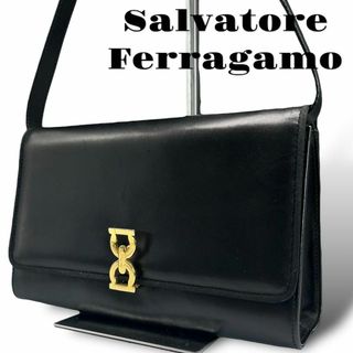 サルヴァトーレフェラガモ(Salvatore Ferragamo)の良品 フェラガモ ショルダーバッグ 斜め掛け ガンチーニ 金金具 レザー 黒(ショルダーバッグ)