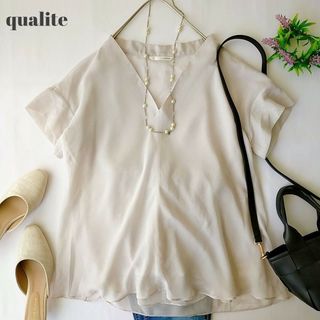 qualite - カリテ　シフォンブラウス　半袖ブラウス　Vネック　半袖　アイボリー