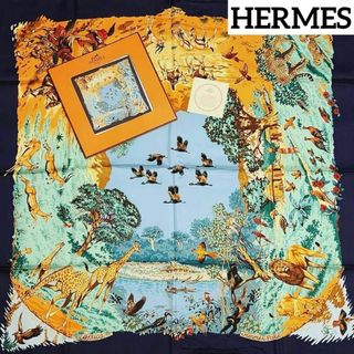 エルメス(Hermes)の美品 ★HERMES★ スカーフ 大判 カレ アフリカ 動物 シルク ネイビー(バンダナ/スカーフ)