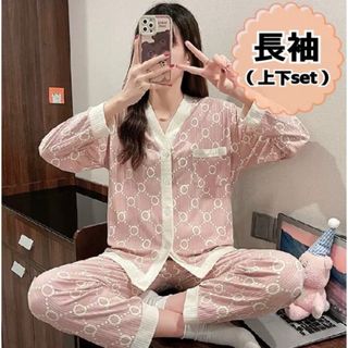 ＊再入荷＊パジャマ　韓国　模様　レディース　L　Vネック　ブルー　かわいい　長袖(パジャマ)