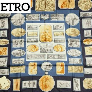 エトロ(ETRO)の極美品 ★ETRO★ スカーフ 大判 絵画 巨匠の作品 シルク ネイビー(バンダナ/スカーフ)