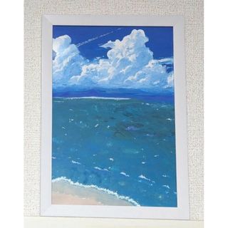 【額縁付】原画☆夏の海と入道雲 青 A4サイズ(絵画/タペストリー)