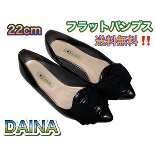 ダイアナ(DIANA)のDIANA 美品 リボン パンプス ポインテッドトゥ 黒 エナメル 22(ハイヒール/パンプス)