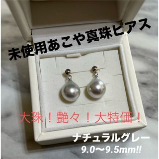 未使用！ナチュラルグレー あこや真珠 パールピアス9.0～9.5mm 大珠 WG(ピアス)