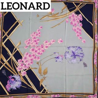 レオナール(LEONARD)の★LEONARD★ スカーフ 大判 花柄 シルク グレー ネイビー ピンク(バンダナ/スカーフ)