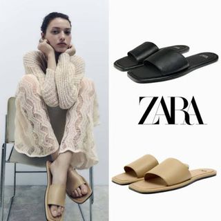 ザラ(ZARA)の美品★ZARA ミニマル フラット レザースライダーサンダル 38(サンダル)