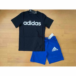 アディダス(adidas)の新品★アディダス★150★快適!!半袖Ｔシャツ黒・ロゴ!スウェットパンツ青★上下(その他)