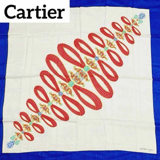 カルティエ(Cartier)の極美品 ★Cartier★ スカーフ リボン 宝石 パンテール シルク ブルー(バンダナ/スカーフ)