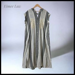 【Eimee Law】 フラワー刺繍 リネンシャツワンピース フレンチスリーブ(ロングワンピース/マキシワンピース)