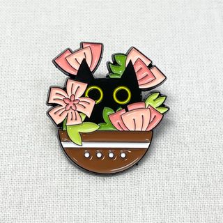 【ピンバッジ】黒猫 観葉植物 にゃんこ ピンク(バッジ/ピンバッジ)