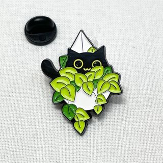 【ピンバッジ】黒猫 観葉植物 にゃんこ グリーン(バッジ/ピンバッジ)