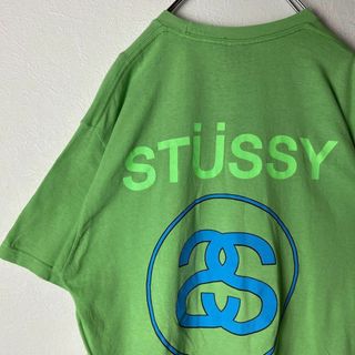 ステューシー(STUSSY)の【人気グリーン】stussy古着SSリンクロゴTシャツ緑バックプリント総柄M(Tシャツ/カットソー(半袖/袖なし))