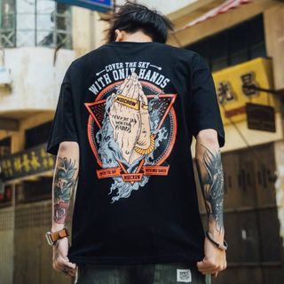 オーバーサイズTシャツ　和風　ユニセックス　カットソー　ブラック　2XL(Tシャツ/カットソー(半袖/袖なし))