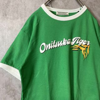 オニツカタイガー(Onitsuka Tiger)の【人気グリーン、リンガーTシャツ】オニツカタイガー古着ビックロゴ緑TWICE(Tシャツ/カットソー(半袖/袖なし))