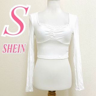 シーイン(SHEIN)のシーイン　長袖カットソー　S　ホワイト　レース　きれいめ　エラスタン　ビスコース(カットソー(長袖/七分))