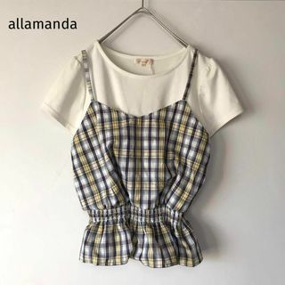 オールアマンダ　トップス　半袖　パフスリーブ　重ね着風　チェック　フェミニン(Tシャツ(半袖/袖なし))