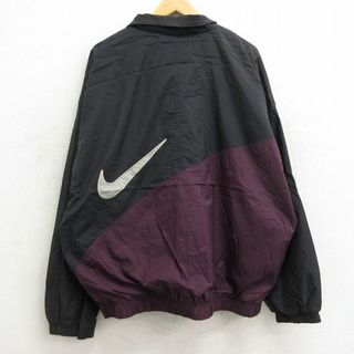 ナイキ(NIKE)のXL★古着 ナイキ NIKE 長袖 ナイロン ジャケット メンズ 90年代 90s ビッグロゴ 大きいサイズ 黒他 ブラック 24apr26 中古 アウター ウインドブレーカー(ダッフルコート)