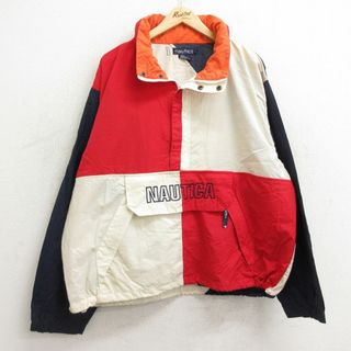 ノーティカ(NAUTICA)のXL★古着 ノーティカ NAUTICA 長袖 ブランド ハーフジップ ナイロン ジャケット メンズ 90年代 90s ビッグロゴ マルチカラー 赤他 レッド 24apr26 中古 アウター ウインドブレーカー(ダッフルコート)