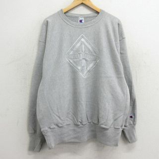 チャンピオン(Champion)のXL★古着 長袖 チャンピオン Champion リバースウィーブ メンズ 90年代 90s インターナショナル 刺繍 大きいサイズ クルーネック グレー 霜降り 【spe】 24apr26 中古 スウェット スエット トレーナー トップス(パーカー)