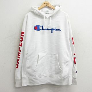 チャンピオン(Champion)のXL★古着 長袖 チャンピオン Champion リバースウィーブ パーカー メンズ ビッグロゴ ハングル文字 刺繍 大きいサイズ 白 ホワイト 24apr26 中古 スウェット スエット トレーナー トップス(パーカー)