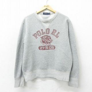 ラルフローレン(Ralph Lauren)のL★古着 ラルフローレン Ralph Lauren 長袖 ブランド スウェット メンズ ビッグロゴ フロッキープリント クルーネック グレー 霜降り 24apr26 中古 スエット トレーナー トップス(パーカー)