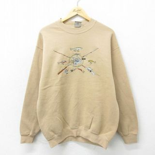 L★古着 長袖 スウェット メンズ 90年代 90s ルアー 刺繍 クルーネック USA製 ベージュ カーキ 24apr26 中古 スエット トレーナー トップス(パーカー)