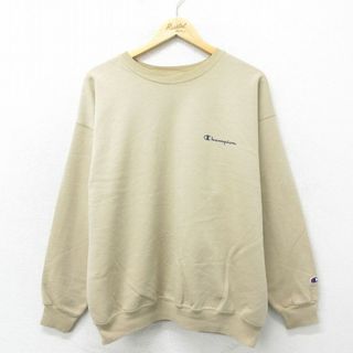 チャンピオン(Champion)のL★古着 チャンピオン champion 長袖 スウェット メンズ 90年代 90s ワンポイントロゴ クルーネック ベージュ カーキ 24apr26 中古 スエット トレーナー トップス(パーカー)