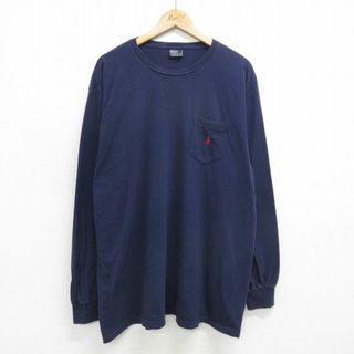 ラルフローレン(Ralph Lauren)のXL★古着 ラルフローレン Ralph Lauren 長袖 ブランド Tシャツ メンズ 90年代 90s ワンポイントロゴ 胸ポケット付き 大きいサイズ ロング丈 コットン クルーネック 紺 ネイビー 24apr26 中古(Tシャツ/カットソー(半袖/袖なし))