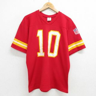 XL★古着 ローリングス 半袖 ビンテージ フットボール Tシャツ メンズ 80年代 80s NFL カンザスシティチーフス 10 大きいサイズ Vネック USA製 赤 レッド アメフト スーパーボウル ユニフォーム ゲームシャツ 24apr26 中古(Tシャツ/カットソー(半袖/袖なし))