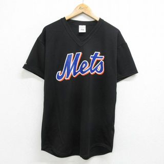 XL★古着 マジェスティック 半袖 ビンテージ Tシャツ メンズ 90年代 90s MLB ニューヨークメッツ Vネック USA製 黒 ブラック メジャーリーグ ベースボール 野球 24apr26 中古