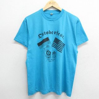 スクリーンスターズ(SCREEN STARS)のL★古着 スクリーンスターズ 半袖 ビンテージ Tシャツ メンズ 80年代 80s Oktoberfest 星条旗 クルーネック USA製 水色 24apr26 中古(Tシャツ/カットソー(半袖/袖なし))