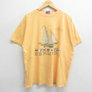 XL★古着 半袖 ビンテージ Tシャツ メンズ 00年代 00s バミューダ諸島 船 コットン クルーネック 薄オレンジ 24apr26 中古(Tシャツ/カットソー(半袖/袖なし))