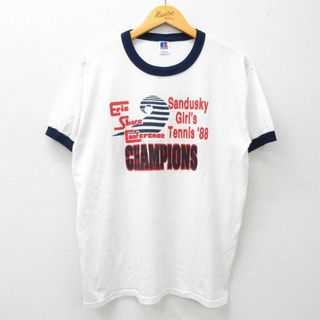 チャンピオン(Champion)のL★古着 ラッセル 半袖 ビンテージ Tシャツ メンズ 80年代 80s テニス チャンピオンズ クルーネック USA製 白他 ホワイト リンガー 24apr26 中古(Tシャツ/カットソー(半袖/袖なし))