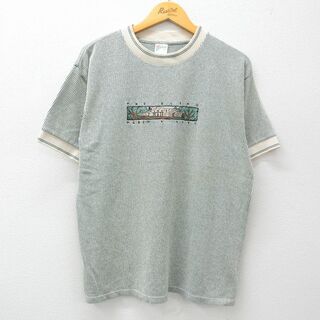 L★古着 半袖 ビンテージ Tシャツ メンズ 90年代 90s アラモ 建物 刺繍 クルーネック USA製 緑他 グリーン ストライプ 24apr26 中古(Tシャツ/カットソー(半袖/袖なし))