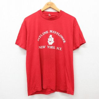 スクリーンスターズ(SCREEN STARS)のL★古着 スクリーンスターズ 半袖 ビンテージ Tシャツ メンズ 80年代 80s ニューヨーク 船 クルーネック USA製 赤 レッド 24apr26 中古(Tシャツ/カットソー(半袖/袖なし))