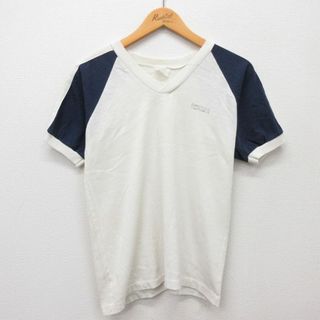 M★古着 半袖 ビンテージ Tシャツ メンズ 90年代 90s ツートンカラー ラグラン Vネック 白他 ホワイト 24apr26 中古(Tシャツ/カットソー(半袖/袖なし))