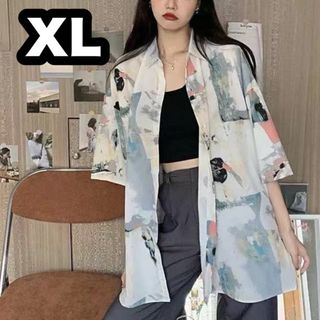 38【大人気】総柄ビッグシルエットシャツブラウス 半袖 レディース XL LL(シャツ/ブラウス(半袖/袖なし))