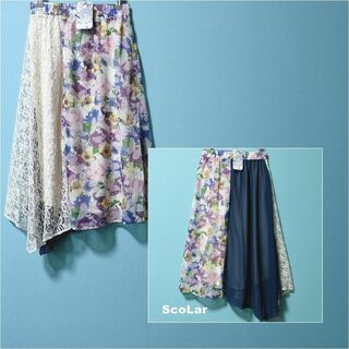 【ScoLar】花と蝶 シフォン×レース切替 スカート タグ付未使用