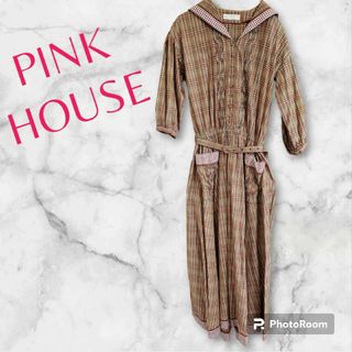 ピンクハウス(PINK HOUSE)のPINK HOUSE ロング ワンピース チェック ブラウン ピンクハウス 襟(ロングワンピース/マキシワンピース)