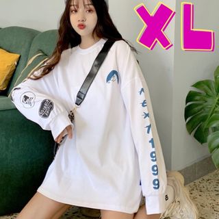 人気！ゆったりロンT XL ロゴ 体型カバー 大きめ 古着 スポーティ 韓国 (カットソー(長袖/七分))