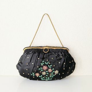 フランス製 ビーズ刺繍 アンティーク パーティーバッグ 黒 ゴールド 和洋折衷(ハンドバッグ)